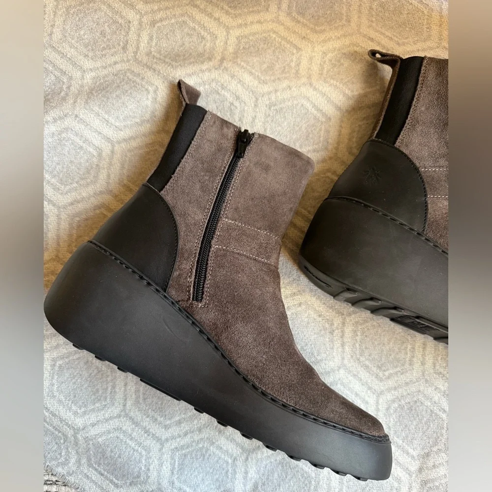 Fly London Doxe Anthracite | Black Suede Wedge Ankle Boots | Size 10 US 41 EU